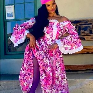 intage Pink floral DRESS, garden dress empire waist, ruffle prairie dress xs